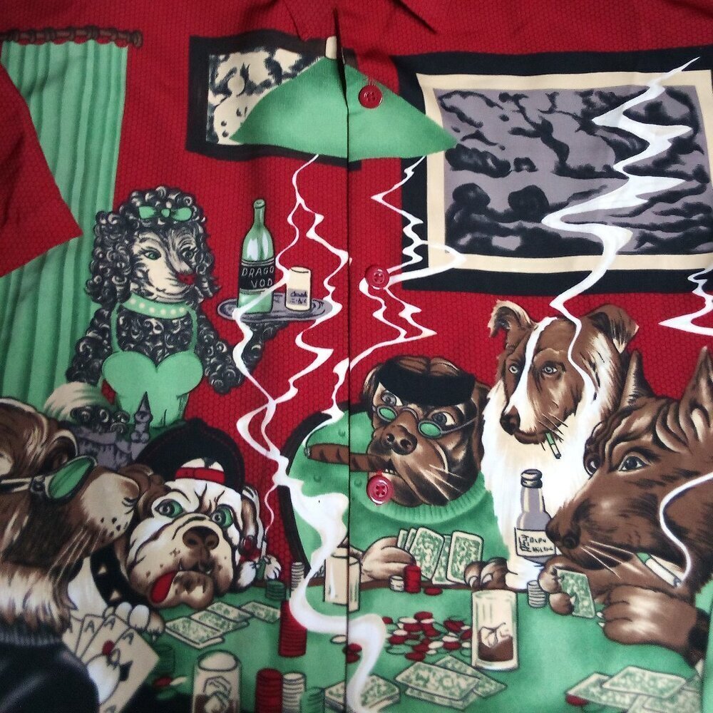Vintage Y2K No Boundaries Dogs Playing Poker Polyester Button Shirt
